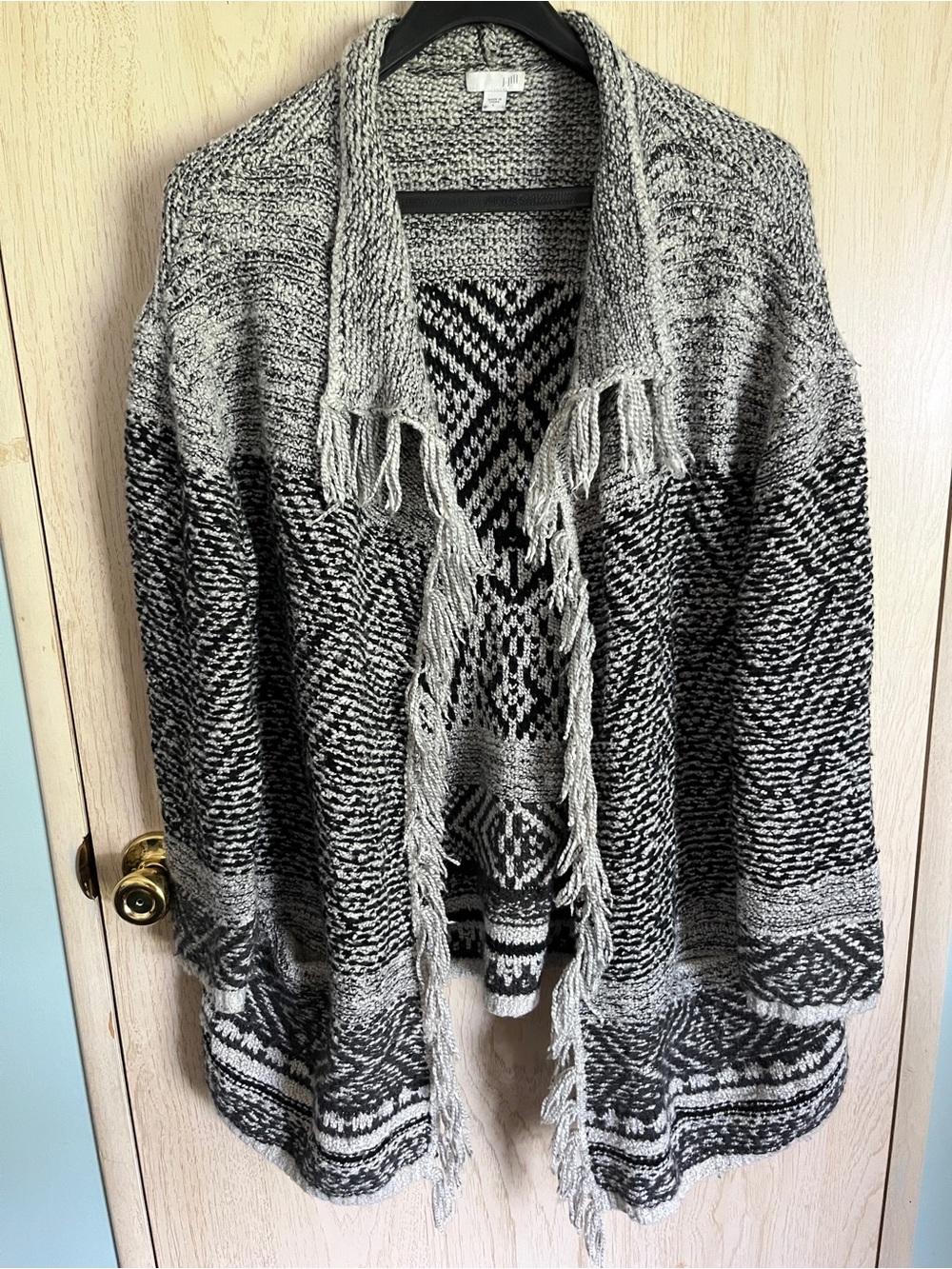 J Jill Sweater Womens Large Gray Wool Blend Open Front Fringe Aztec Cardigan L